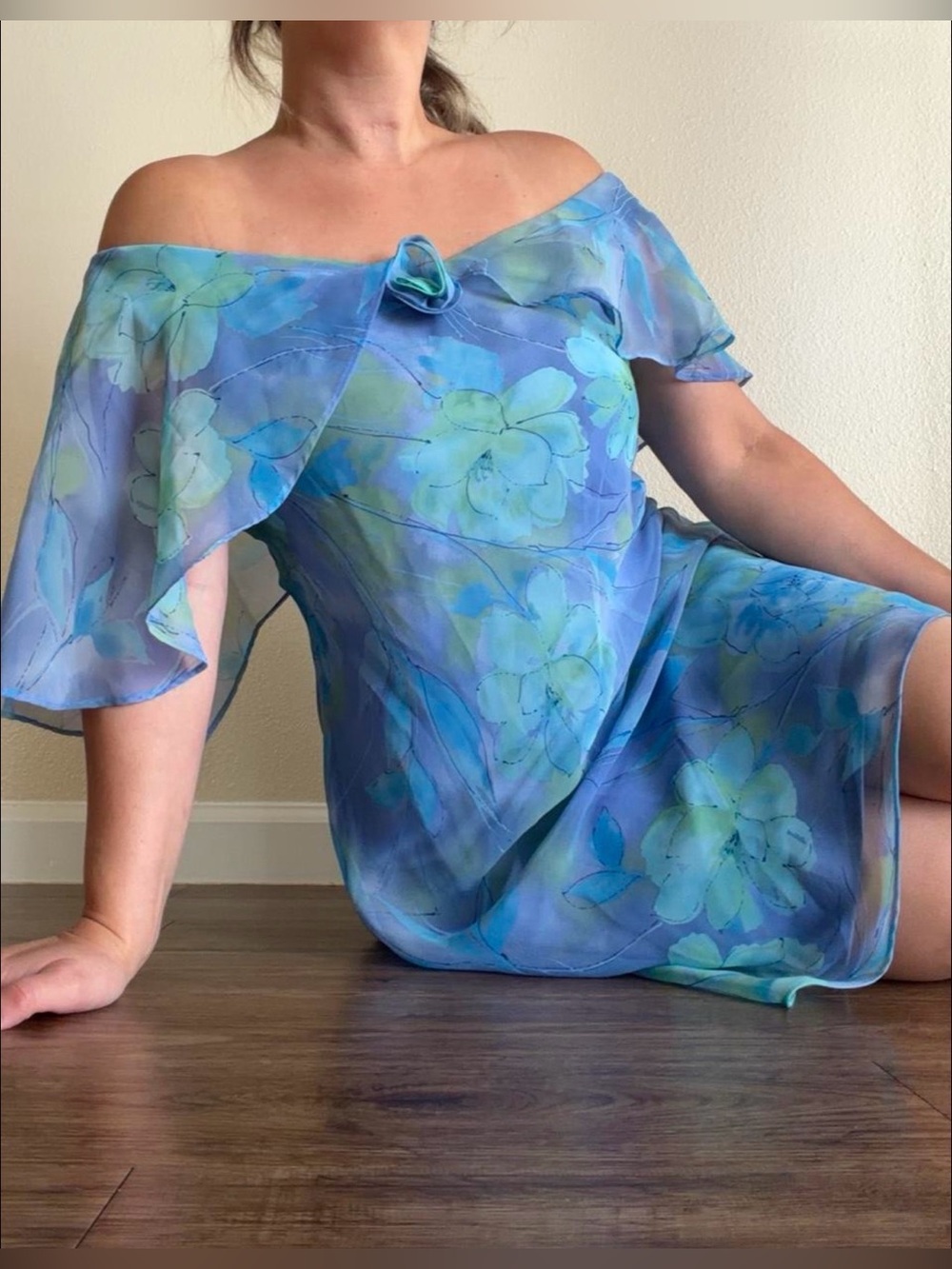 Y2K Coquette Watercolor Off-Shoulder Rosette Sheer Chiffon Floral Shift Dress